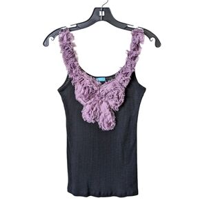 h.i.p. Floral Textured Bow Tank Top Mixed Fabric Black Purple Women Medium
